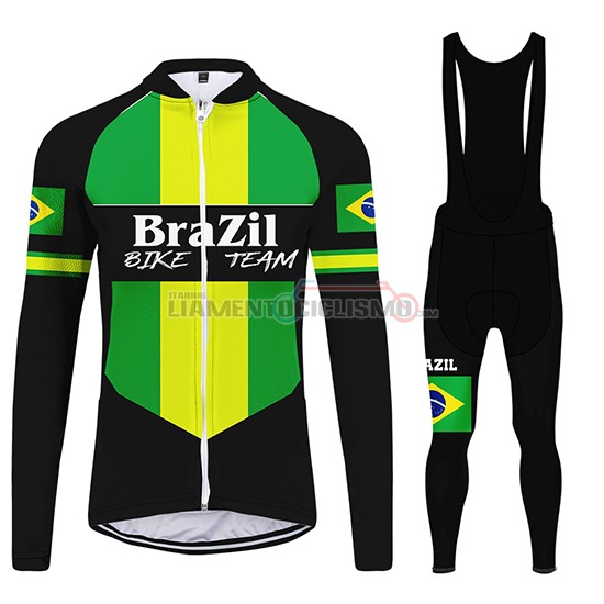 Abbigliamento Ciclismo Brasile Manica Lunga 2020 Nero Verde